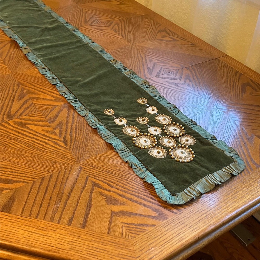 Green Velvet Table Runner Beaded Ruffle Trim Boho Eclectic Artsy Party Decor